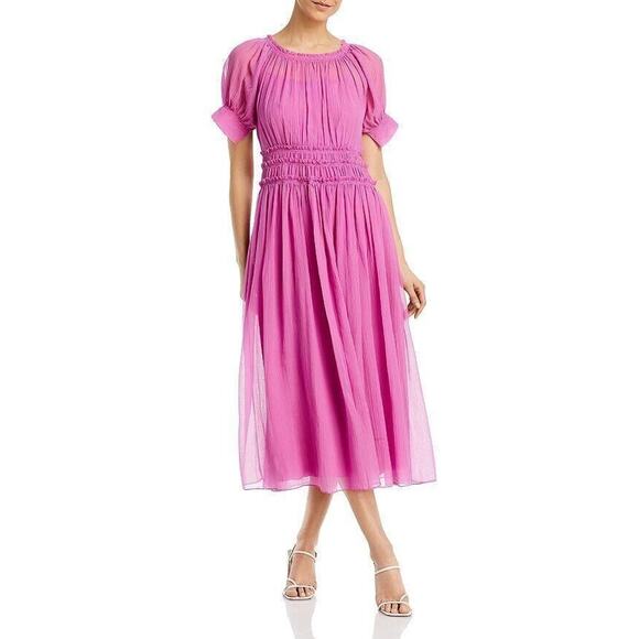 Rebecca Taylor NWOT Chiffon Short Sleeve Smock Waistline Midi Dress Pink Size 6 - Picture 1 of 6